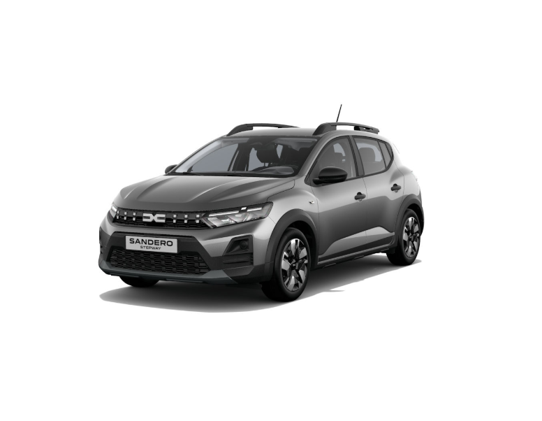 Dacia Sandero Stepway, gri antracit, vedere trei sferturi față, fundal alb